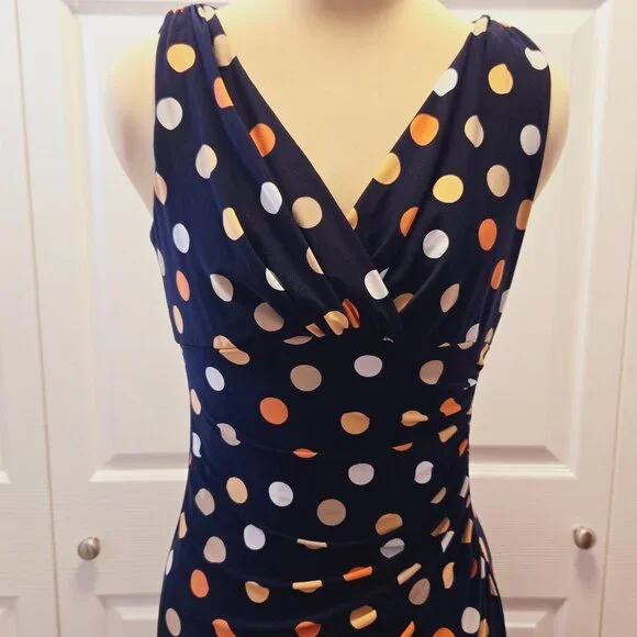 Navy Polka Dot American Living V-Neck Dress with Ruched Side Size 4 - Picture 6 of 8